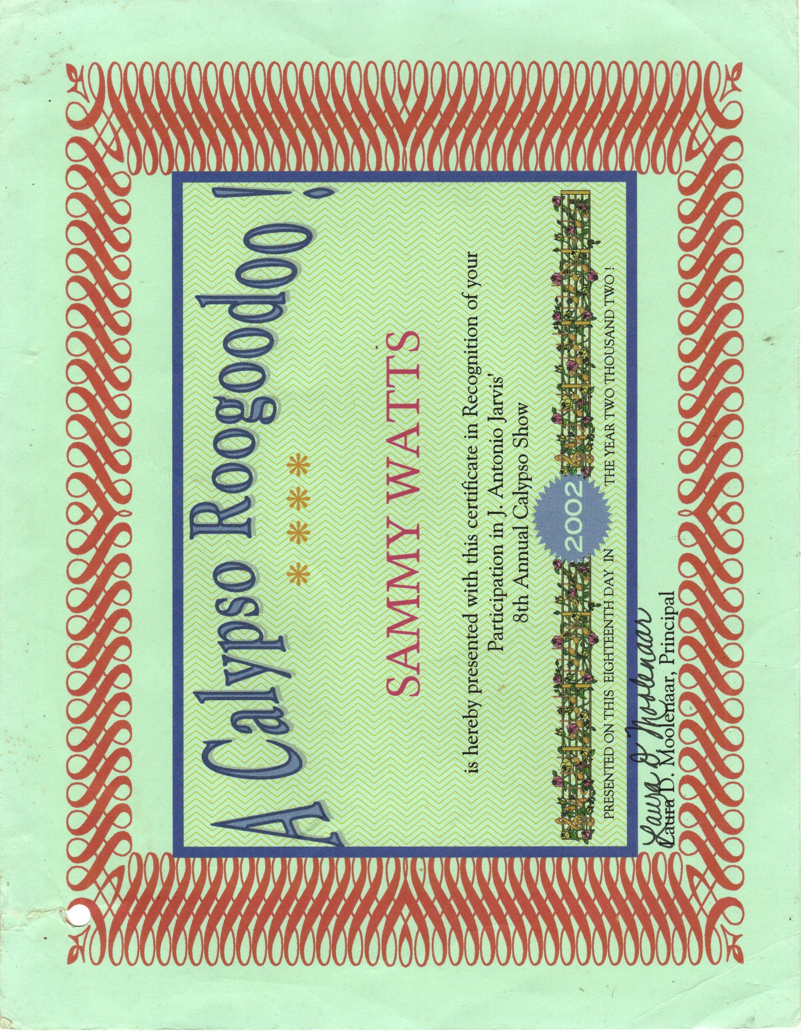 Calypso Rockafella certificate for Sammy Watts